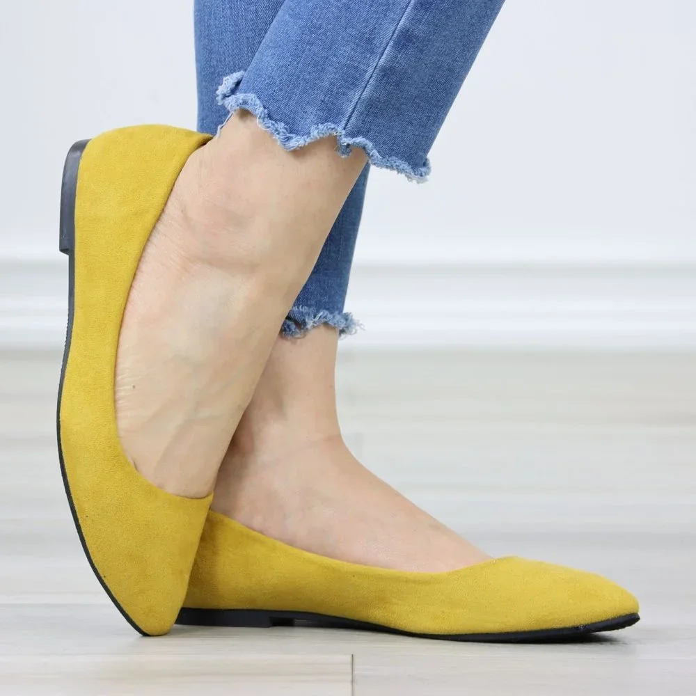 Mustard Yellow Faux Suede Wide Pointy Toe Slip On Flat Shoes